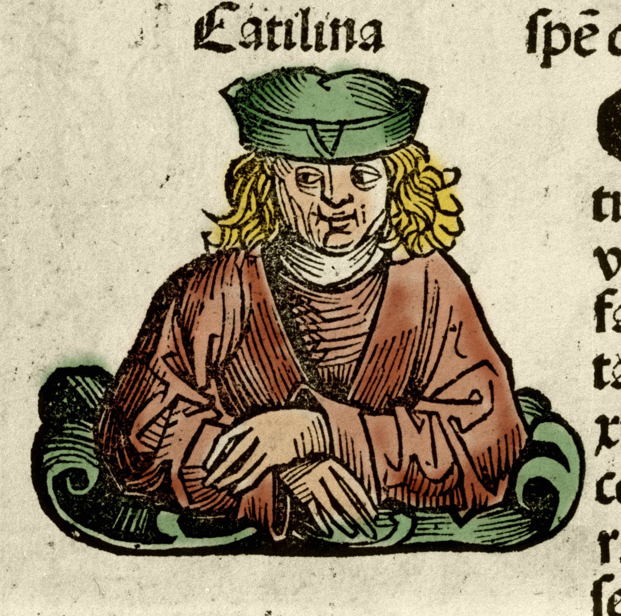 Catilina (Lucius Sergius Catilina) (Kr. e. 108-62), a Szenátus ellen összeesküdt római politikus képviselete. Metszet Hartmann Schedel „” Liber chronicarum”-ból alkotó: Hartmann Schedel