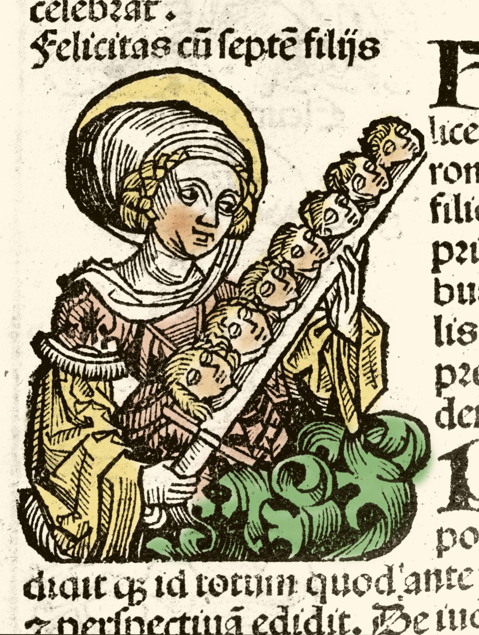Szent Felicite, vértanúság ábrázolása Rómában hét gyermeke fejével. Hartmann Schedel xilográfiája „” Nürnbergi krónikák””” 1493. alkotó: Hartmann Schedel