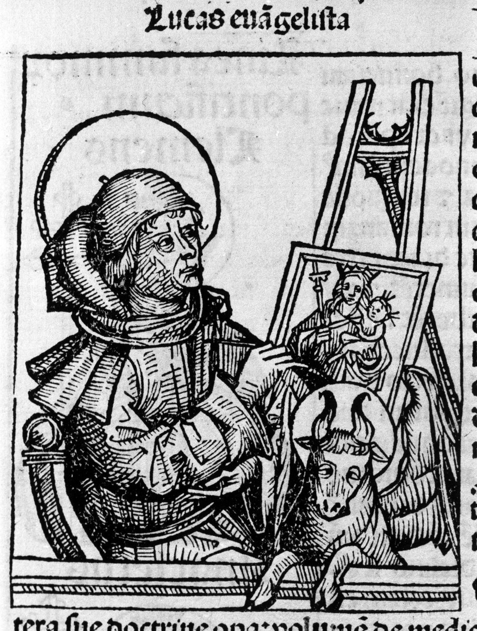 Szent Lukács evangélista ábrázolása. Hartmann Schedel „Liber chronicarum” (nürnbergi krónikák) metszete, 1493 alkotó: Hartmann Schedel