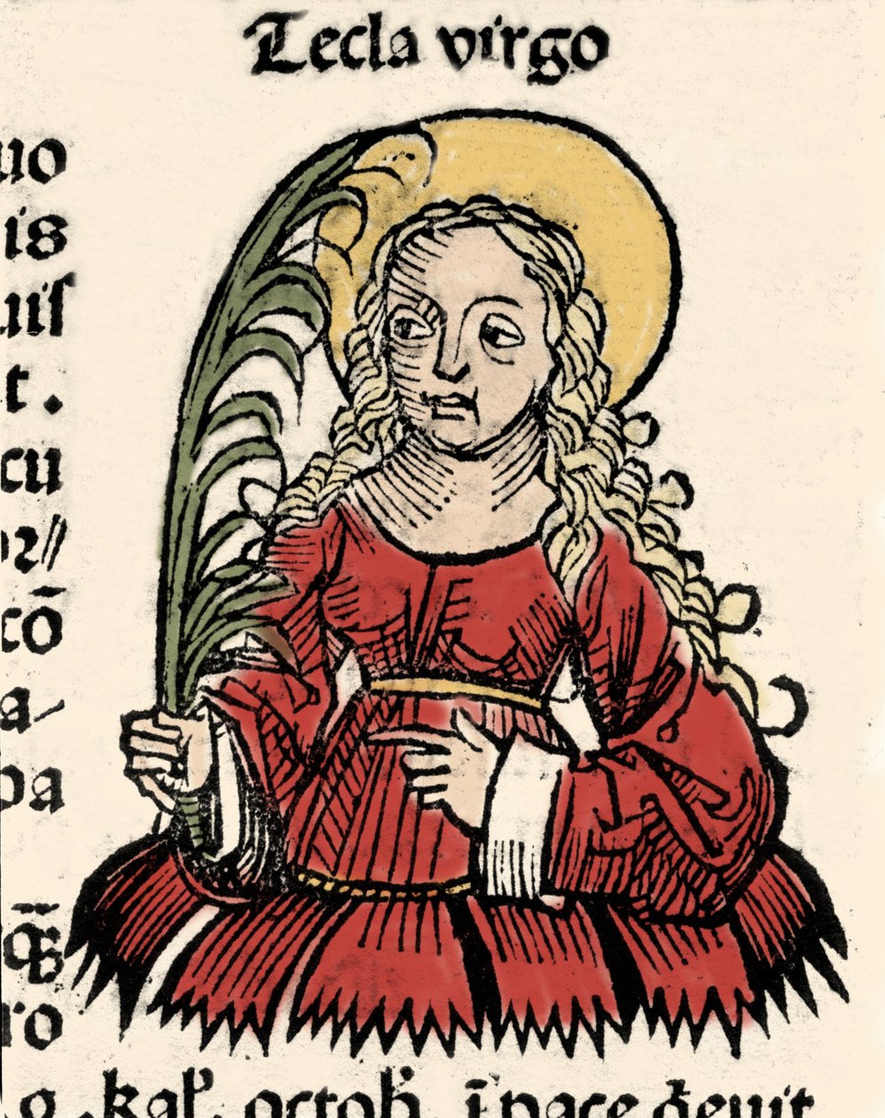 A Szűz és a vértanúság ábrázolása Ikónium (Santa Tecla) „Nürnbergi krónikák” xilográfiája, Hartmann Schedel alkotó: Hartmann Schedel