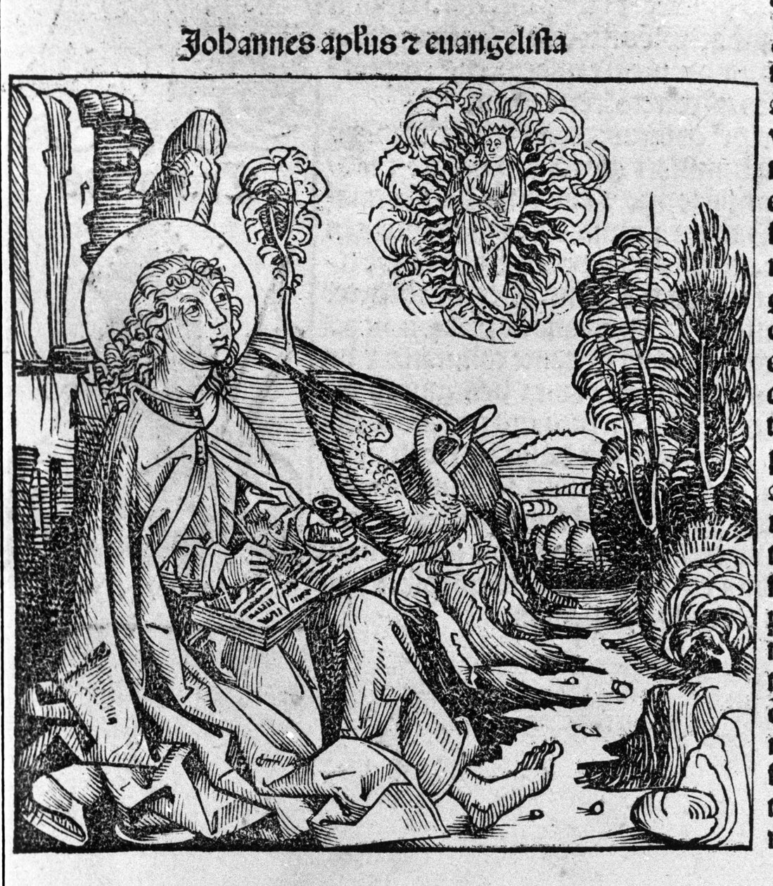 Szent János evangélista ábrázolása. Hartmann Schedel „Liber chronicarum” (nürnbergi krónikák) metszete, 1493 alkotó: Hartmann Schedel
