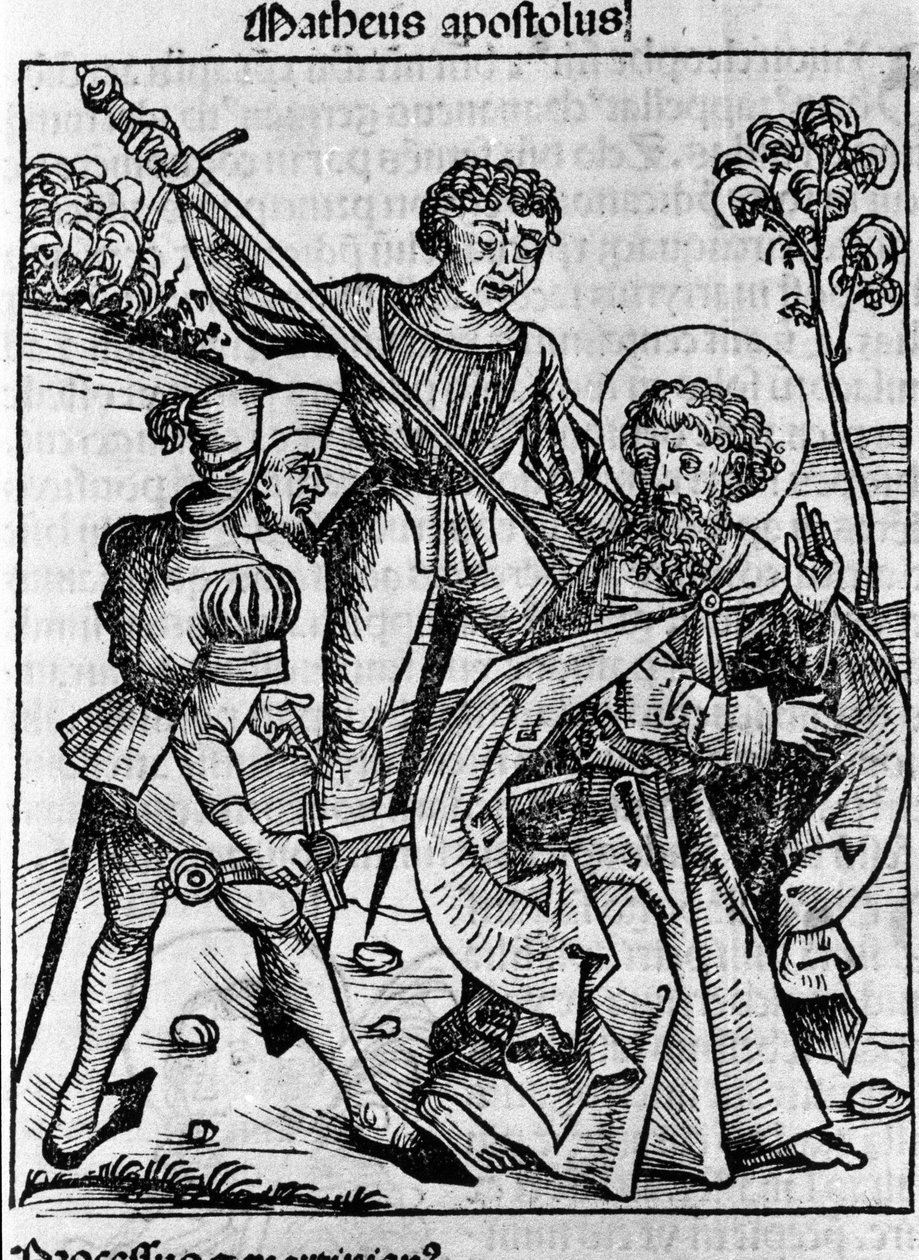 Szent Máté evangélista ábrázolása. Hartmann Schedel „Liber chronicarum” (nürnbergi krónikák) metszete, 1493 alkotó: Hartmann Schedel