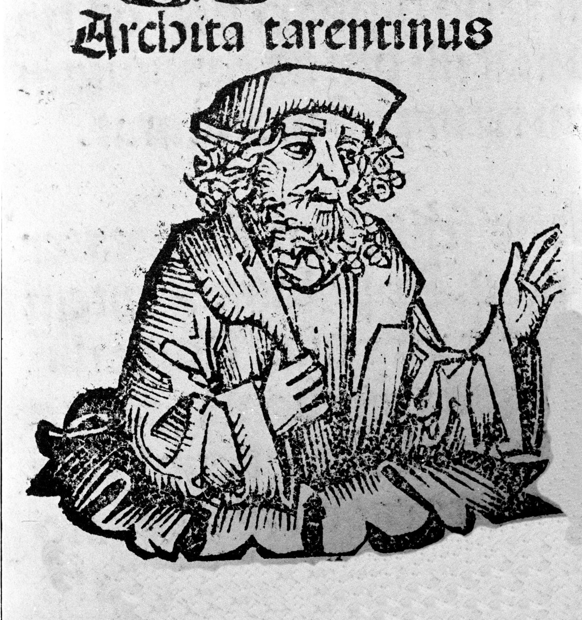 Tarantói Architas görög filozófus (Kr. e. 435-347) pitagoricus filozófus, matematikus, csillagász. A „Nürnbergi krónikák” xilográfiája, Hartmann Schedel alkotó: Hartmann Schedel