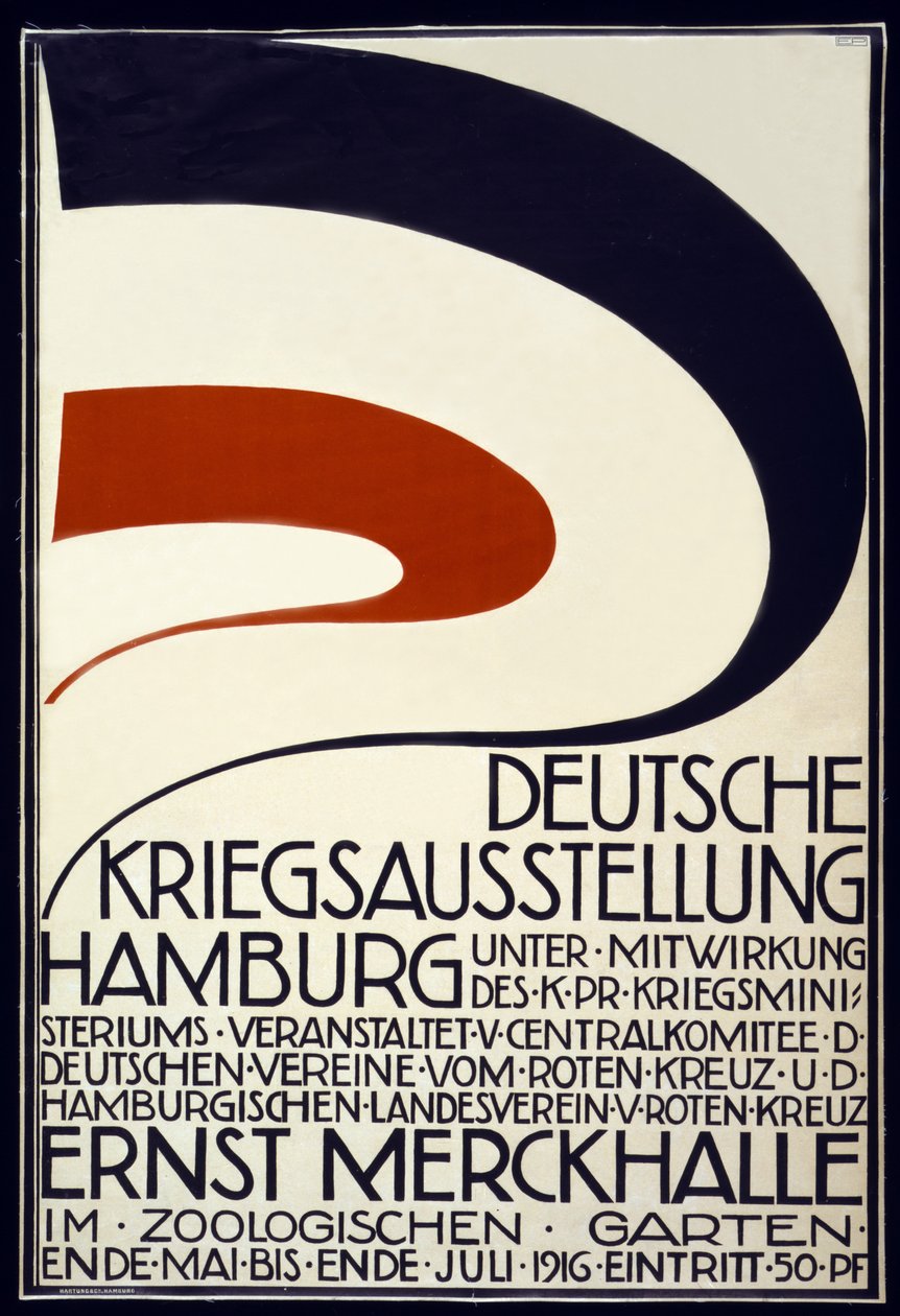 A Vöröskereszt Deutsche Kriegsausstellung által szponzorált háborús kiállítást hirdető plakát, Hamburg, 1916. május-július, 1916 alkotó: Hartung and Co.