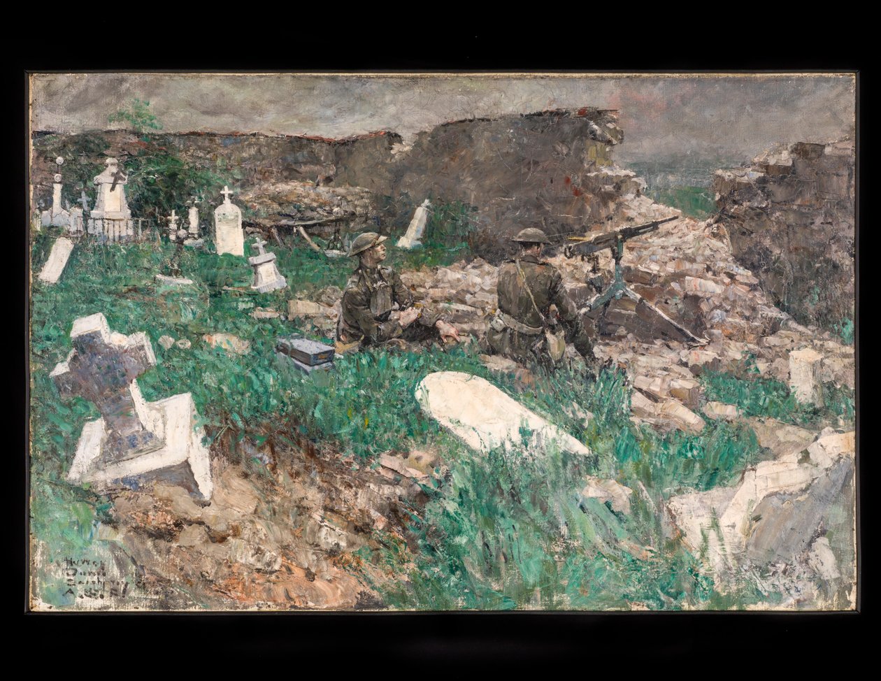 Géppuskaállás, 1918 körül (olaj, vászon) alkotó: Harvey T. Dunn