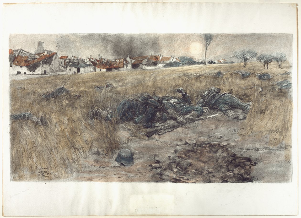 Az arató hold, 1918 körül (szén és akvarell, pasztell, papír) alkotó: Harvey T. Dunn
