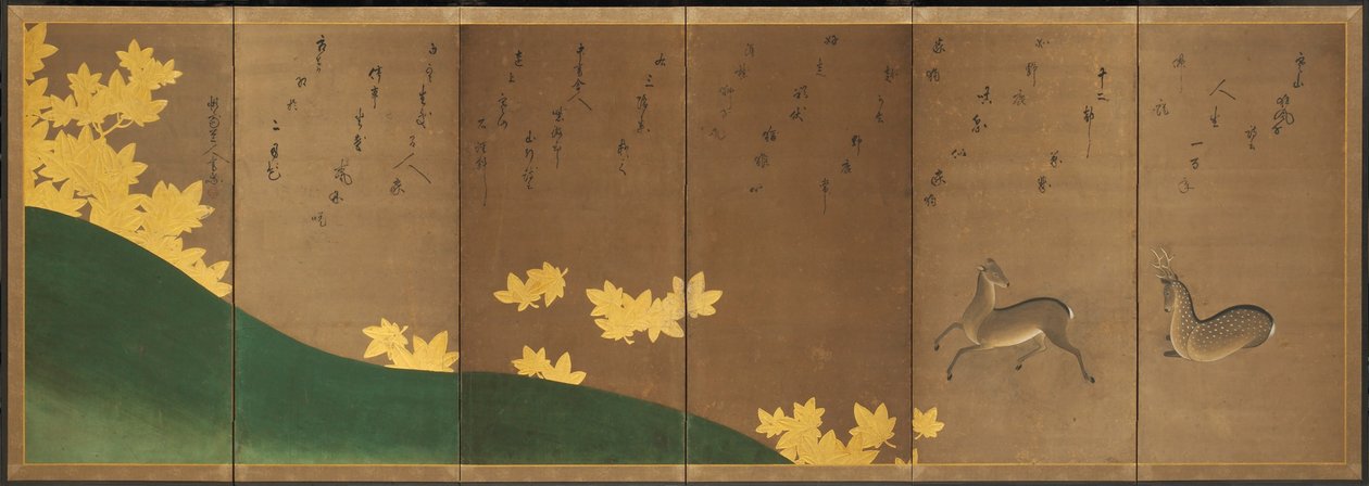 Szarvas juharokkal, 1605-10 körül (hatlapos hajtogatott vászon: tinta, szín és arany, papír) alkotó: Hasagawa & Sodon Tetsuzan (1531 1617) (attr.) Tohaku