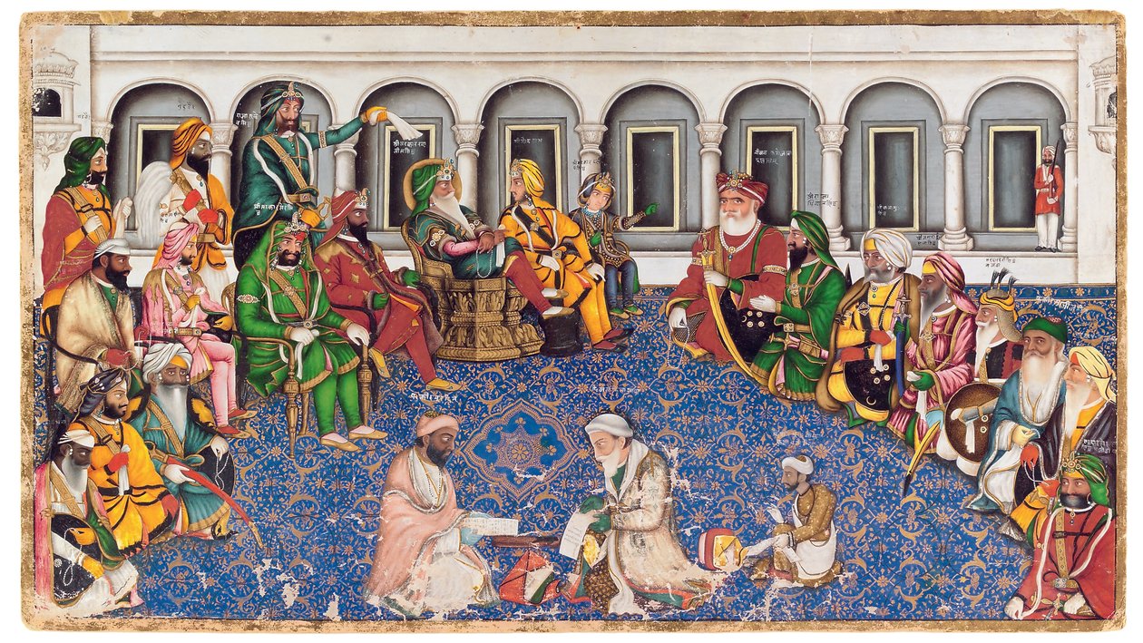 Ranjit Singh maharadzsa Darbarja, 1850 körül (átlátszatlan wc és arany, papír) alkotó: Hasan al Din