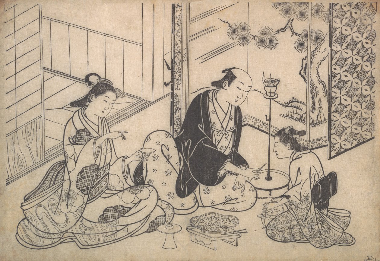 Belső, három figura: Sake Party, kb. 1730. alkotó: Hasegawa Mitsunobu