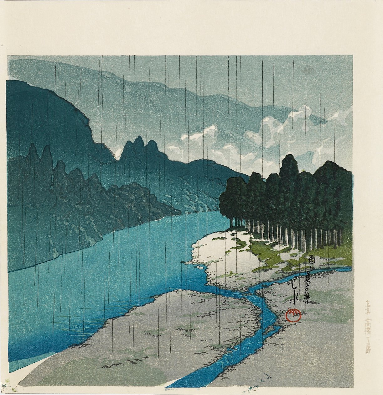 Fatömbnyomat – „Eső az Okutama folyónál”, 1988 alkotó: Hasui Kawase