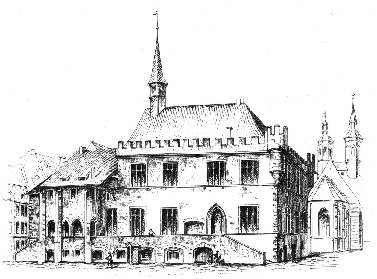 Régi városháza Göttingenben, Dél-Alsó-Szászországban, H. W. H. Mithoff rajza 1869. Eredeti felirat alkotó: Hector Wilhelm Heinrich Mithoff