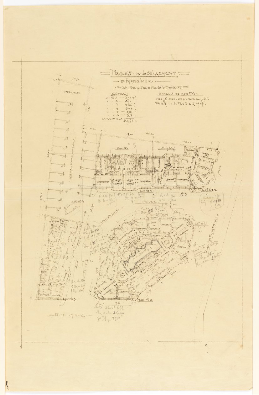 Plan, Project de Lotnement, rue Gros és rue de la Fontaine, Párizs alkotó: Hector Guimard
