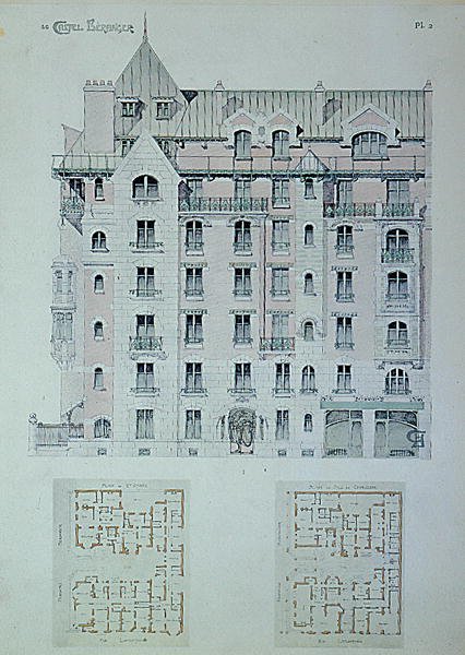A „Castel-Beranger” homlokzata és alaprajza, illusztráció Hector Guimard (1867-1942) könyvéből (színes litó) alkotó: Hector Guimard