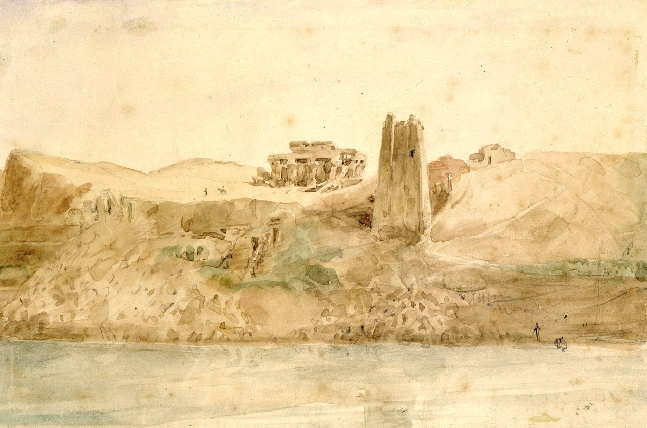 Kum Ombo" Hector Horeau (1801-1872) francia építész akvarellje. Az ókori egyiptomi ikertemplom romjainak látképe a Nílus felől, Asszuántól mintegy 28 mérföldre északra