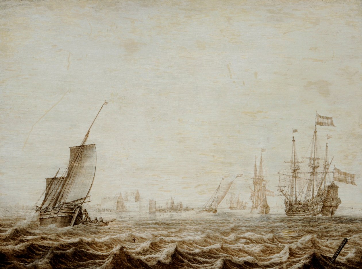 Vitorlát eresztő wijdschip a háborgó tengeren, 17. század közepe (olaj, tábla) alkotó: Heerman Witmont