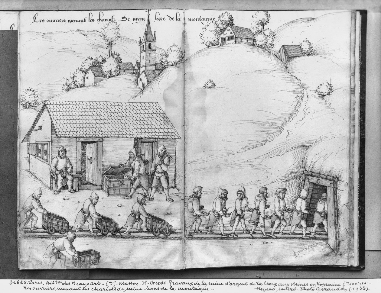 La Croix-aux-Mines-i ezüstbánya, Lotaringia, fol.10v és fol.11r, bányászok tolják a kocsikat, 1530 körül (toll és tinta és wc, papír) alkotó: Heinrich Gross or Groff