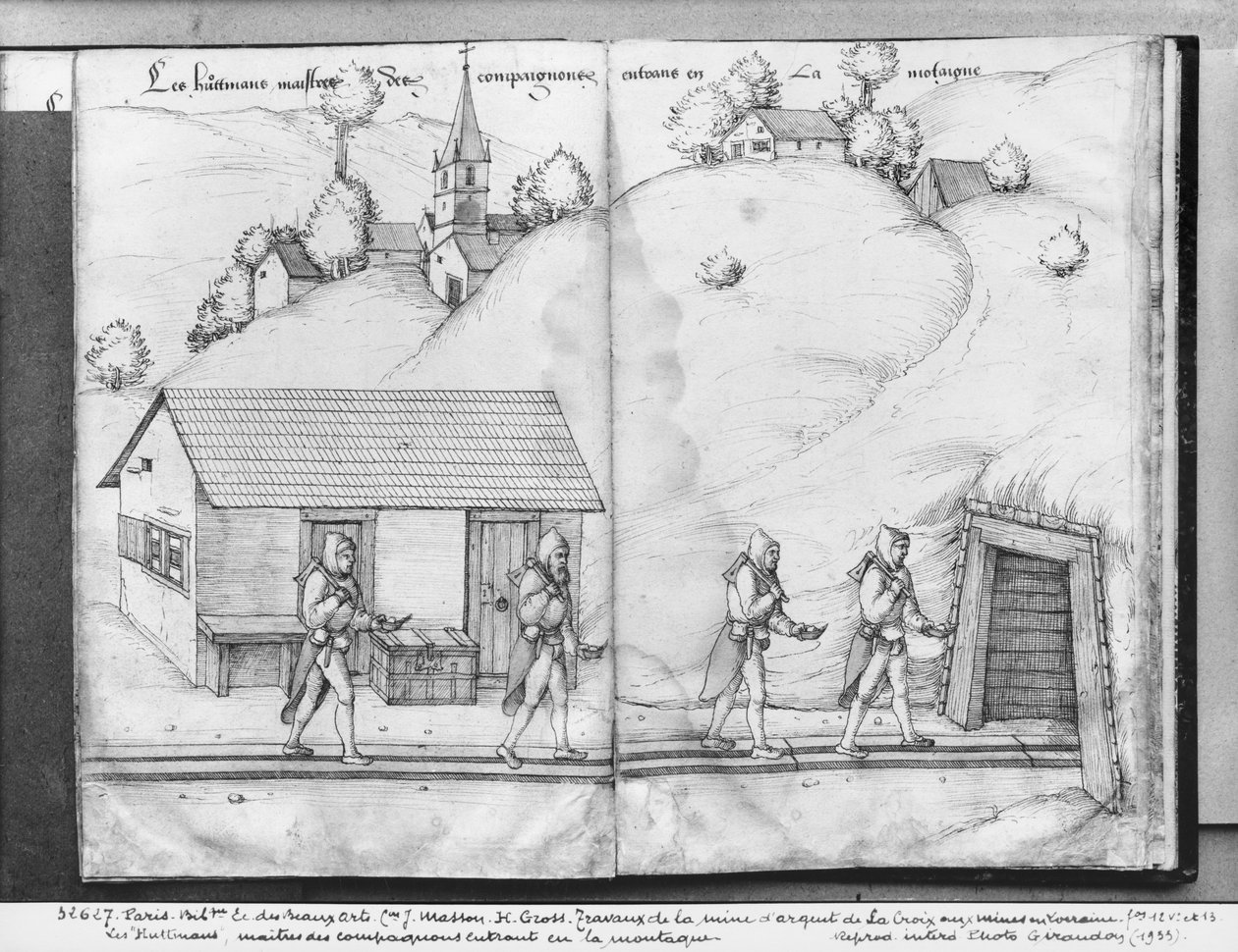 La Croix-aux-Mines ezüstbánya, Lorraine, fol.12v és fol.13r, a „huttmanok”, a társak urai, belépnek a bányába, 1530 körül (toll und ink és wc papíron) alkotó: Heinrich Gross or Groff