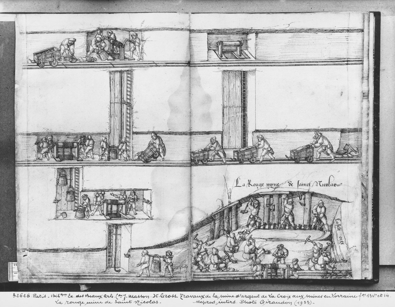 La Croix-aux-Mines, Lorraine, fol.13v és fol 14r ezüstbánya, Szent Miklós vörösbánya, 1530 körül (pen und ink és wc papíron) alkotó: Heinrich Gross or Groff
