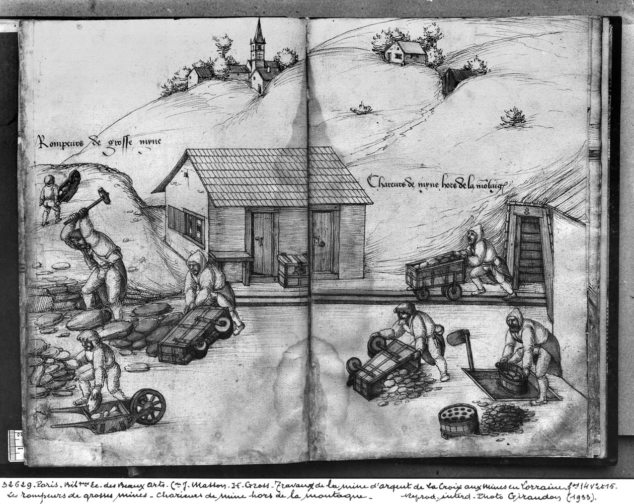 La Croix-aux-Mines, Lorraine, fol.14v és fol.15r ezüstbánya, az érc törése és szállítása, 1530 körül (toll, tinta és wc papíron) alkotó: Heinrich Gross or Groff