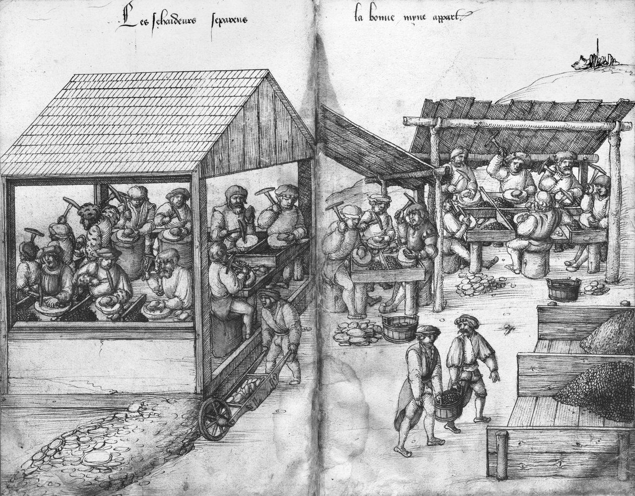 La Croix-aux-Mines ezüstbánya, Lorraine, fol.15v és fol.16r, bányászok kiválogatják az ércet, 1530 körül (toll, tinta és wc papíron) alkotó: Heinrich Gross or Groff