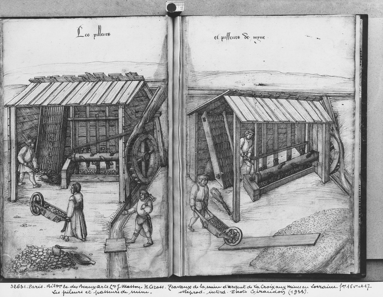 La Croix-aux-Mines, Lorraine, 16v és fol.17r ezüstbánya, az érc zúzása és mosása, 1530 körül (toll, tinta és wc papíron) alkotó: Heinrich Gross or Groff