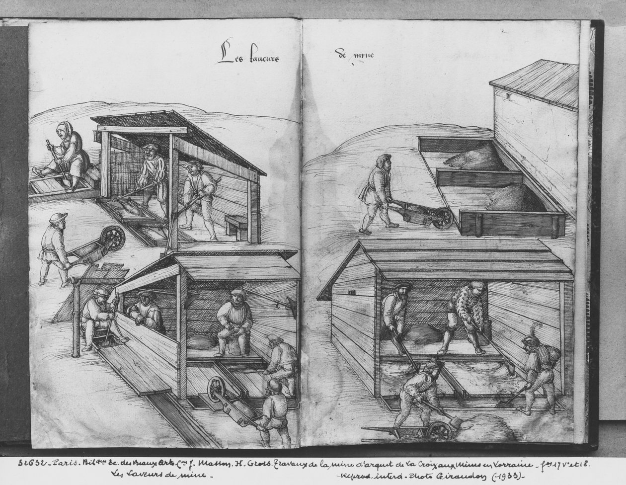 La Croix-aux-Mines, Lorraine, fol.17v és fol.18r ezüstbánya, az érc mosása, 1530 körül (toll, tinta és wc papíron) alkotó: Heinrich Gross or Groff
