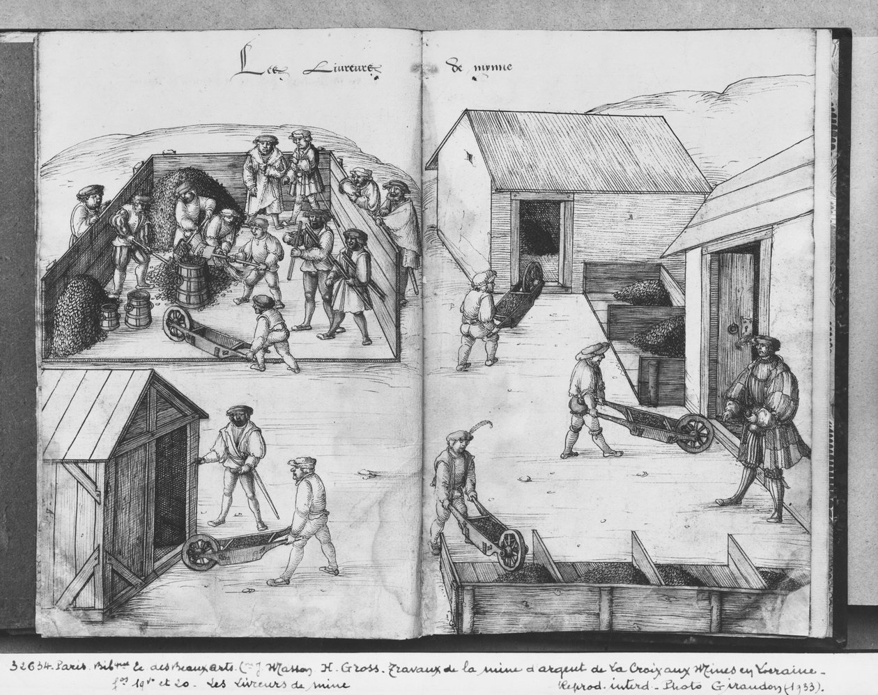 La Croix-aux-Mines, Lorraine, fol.19v és fol.20r ezüstbánya, amely az ércet szállítja, 1530 körül (toll, tinta és wc papíron) alkotó: Heinrich Gross or Groff