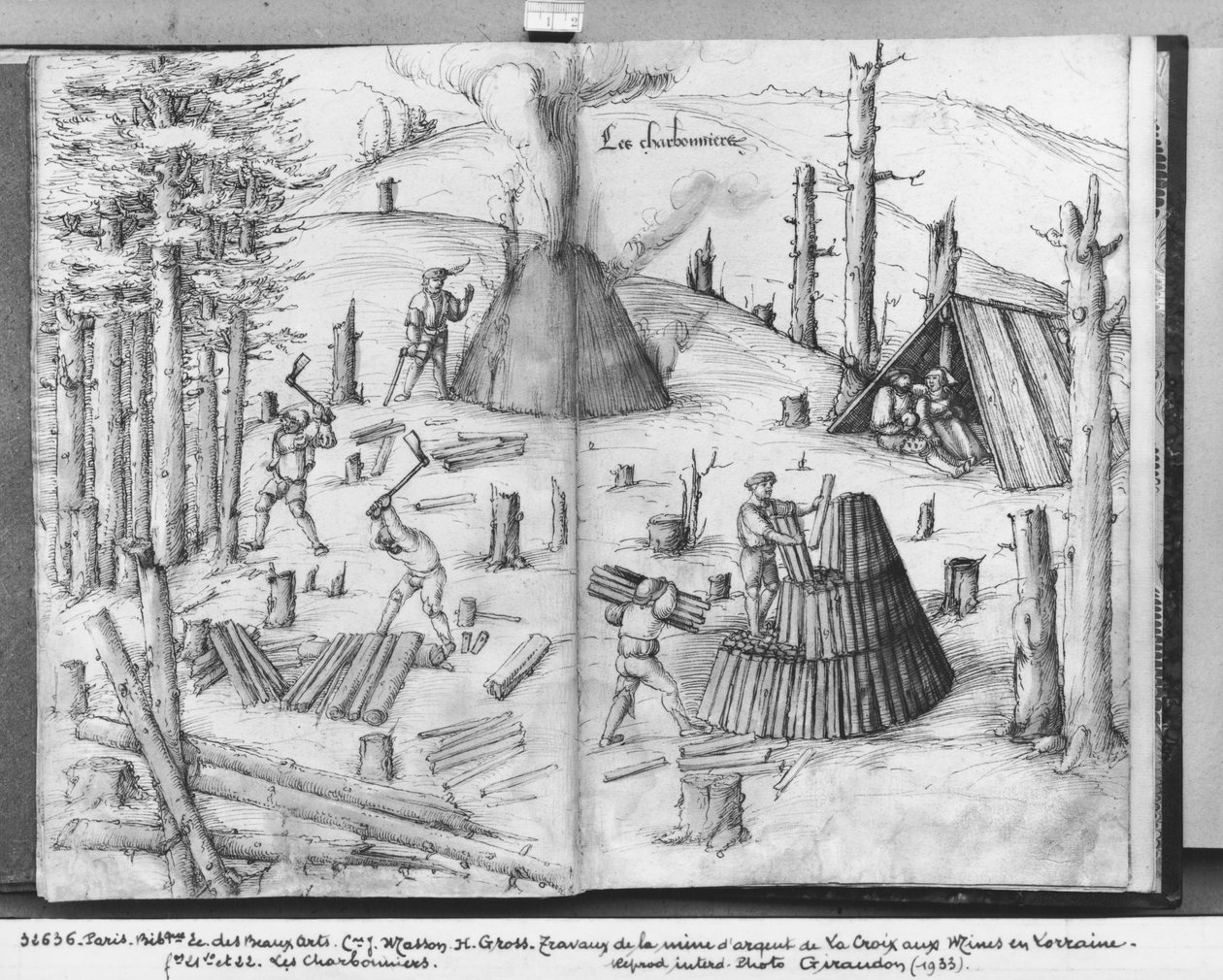 La Croix-aux-Mines ezüstbánya, Lorraine, fol.21v and 22r, coalmen, 1530 körül (toll, tinta és wc papíron) alkotó: Heinrich Gross or Groff