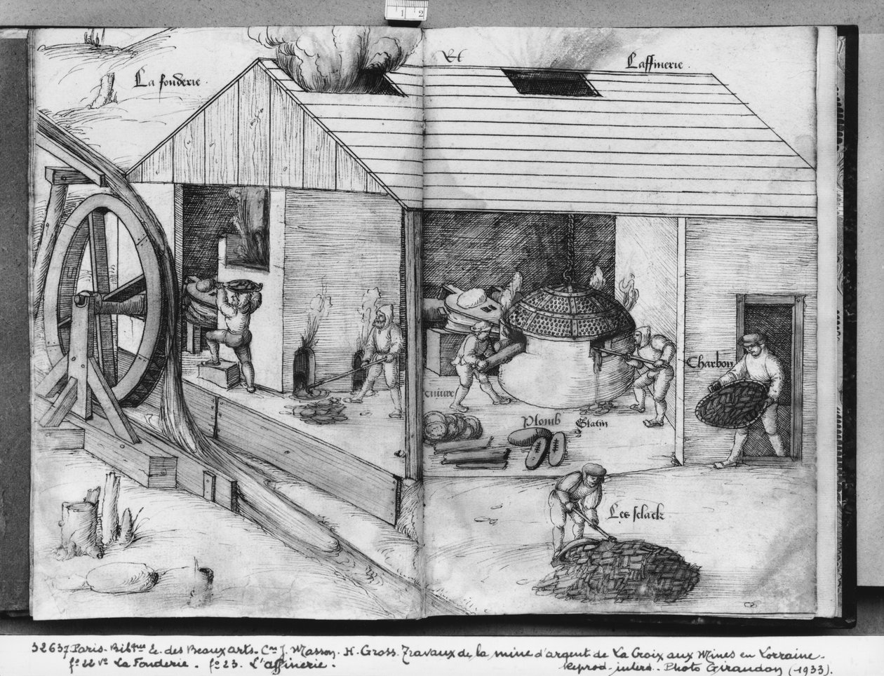 La Croix-aux-Mines ezüstbánya, Lorraine, fol.22v és fol.23r, öntöde és finomítás, 1530 körül (toll, tinta és wc papíron) alkotó: Heinrich Gross or Groff