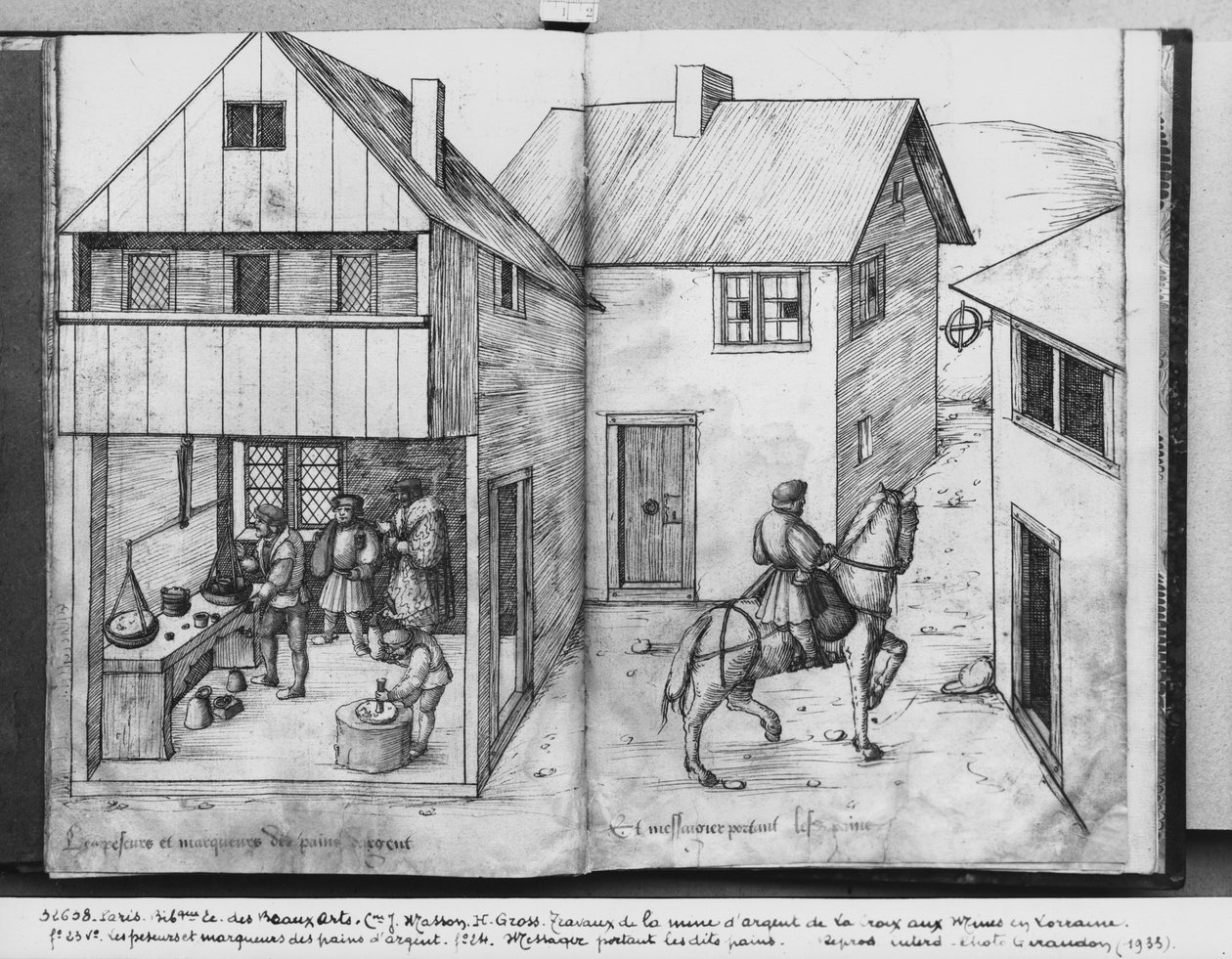 Ezüstbánya, La Croix-aux-Mines, Lorraine, fol.23v és fol.24r, az ezüst tuskók lemérése és bélyegzése, a tuskót szállító hírnök, 1530 körül (toll und ink és wc papíron) alkotó: Heinrich Gross or Groff