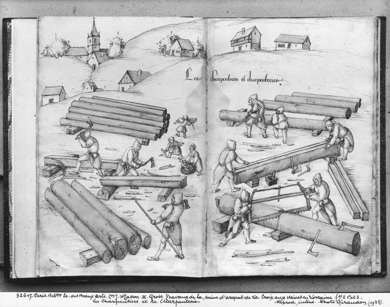 La Croix-aux-Mines ezüstbánya, Lorraine, fol.2v és fol.3r, ácsok és ácsok, 1530 körül (toll, tinta és wc papíron) alkotó: Heinrich Gross or Groff