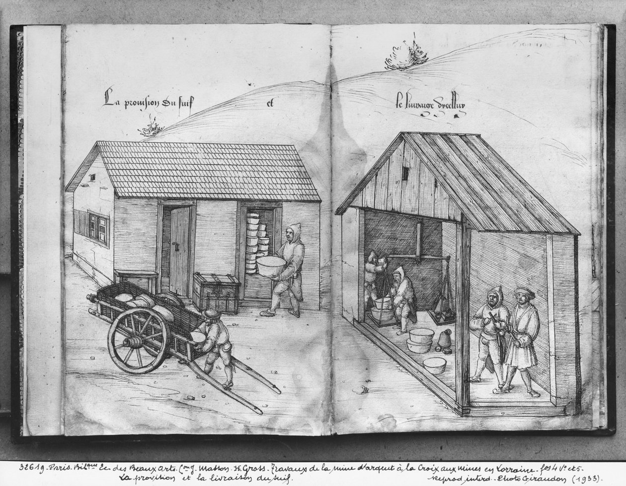 La Croix-aux-Mines, Lorraine, fol.4v és fol.5r ezüstbánya, faggyút szállít és szállít, 1530 körül (toll, tinta és wc papíron) alkotó: Heinrich Gross or Groff