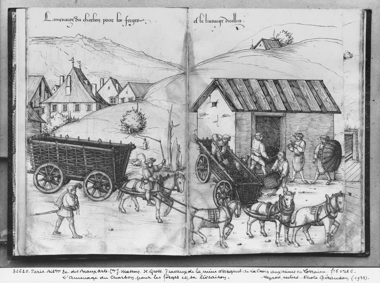 La Croix-aux-Mines, Lorraine, fol.5v és fol.6r ezüstbánya, szenet szállítanak és szállítanak a kohók számára, 1530 körül (toll, tinta és wc papíron) alkotó: Heinrich Gross or Groff