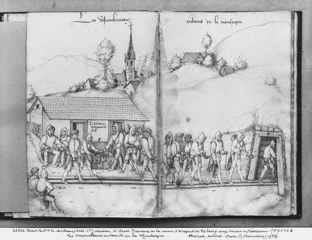 La Croix-aux-Mines, Lorraine, fol.7v és fol.8r ezüstbánya, gyűjtők belépnek a bányába, 1530 körül (toll und ink és wc papíron) alkotó: Heinrich Gross or Groff