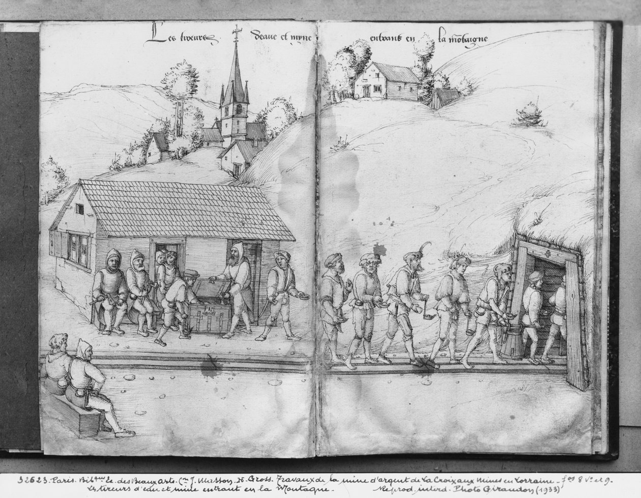 La Croix-aux-Mines, Lorraine, fol.8v és fol.9r ezüstbánya, bányászok belépnek a bányába, 1530 körül (toll und ink és wc papíron) alkotó: Heinrich Gross or Groff
