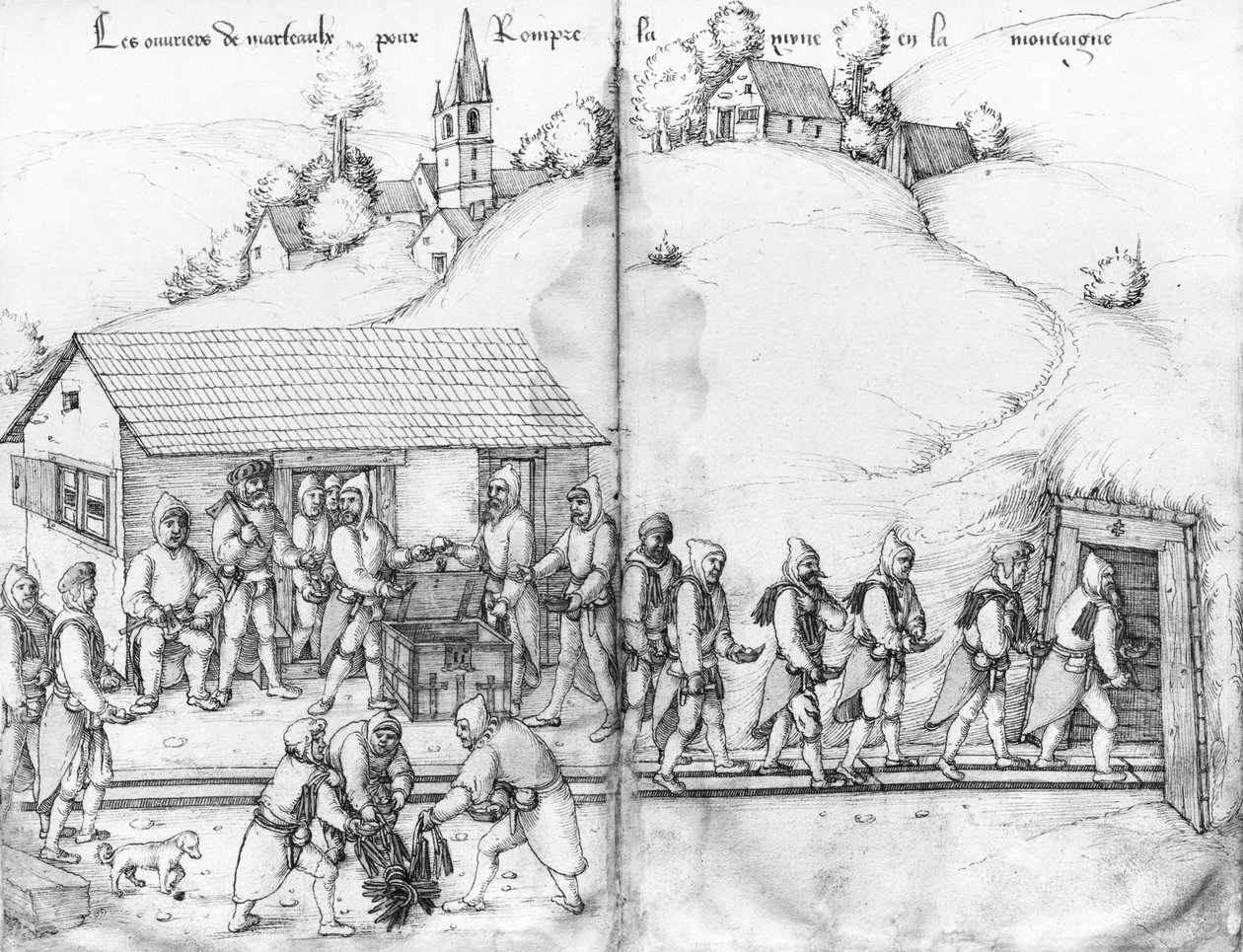 La Croix-aux-Mines, Lorraine, fol.9v és fol.10r ezüstbánya, bányászok és kalapácsaik, 1530 körül (toll, tinta és wc papíron) alkotó: Heinrich Gross or Groff