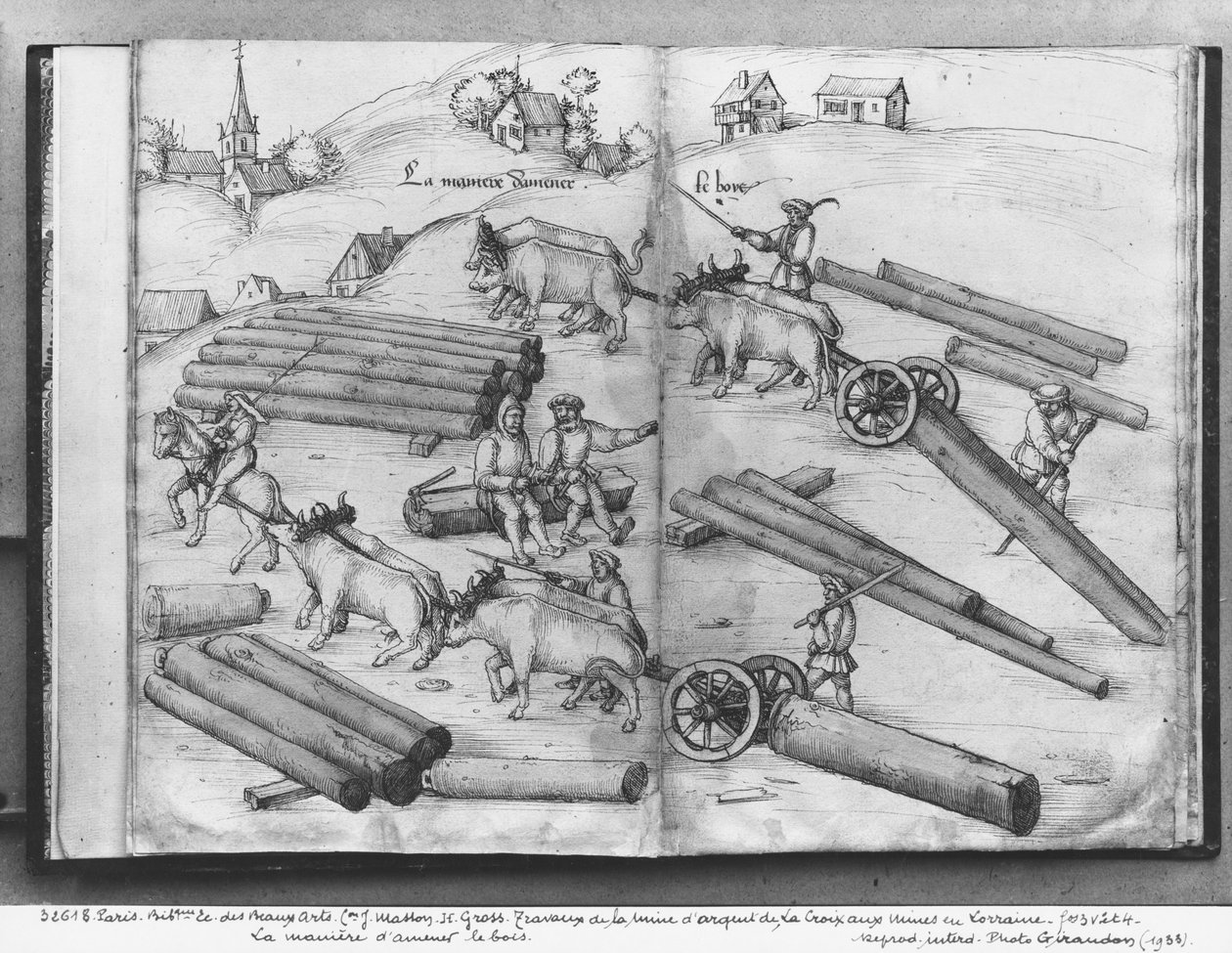 La Croix-aux-Mines-i Siver-bánya, Lotaringia, fol.3v és 4r, fát szállít, 1530 körül (toll és tinta és wc, papír) alkotó: Heinrich Gross or Groff