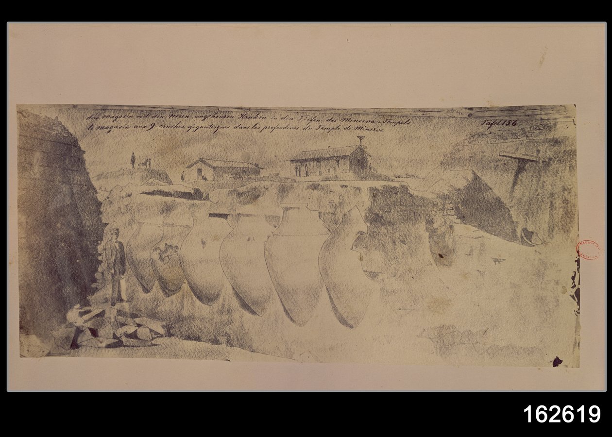 Vázlat egy üzletről kilenc óriási amforával a Minerva-templom alsó szintjein, a trójai ásatásokból (toll, tinta és mosás) alkotó: Heinrich Schliemann
