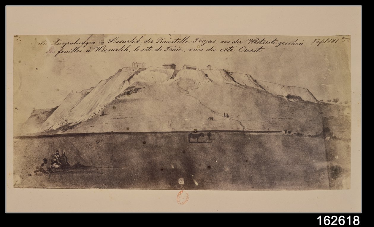 Kilátás a trójai ásatásokról nyugatról nézve (toll, tinta és mosás) alkotó: Heinrich Schliemann