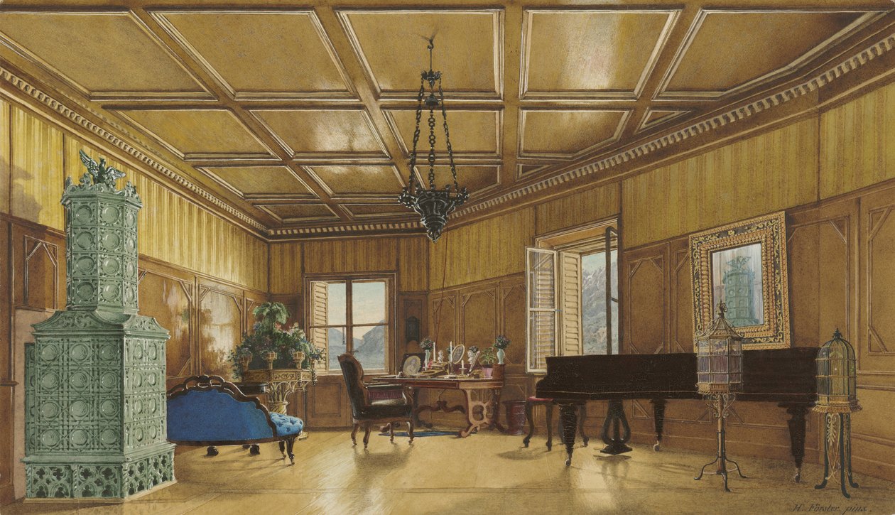 Margit főhercegnő szász hercegnő zeneszobája a Schloss Ambrasban, 1870-9 (akvarell és gouache szőtt papíron) alkotó: Heinrich von Förster