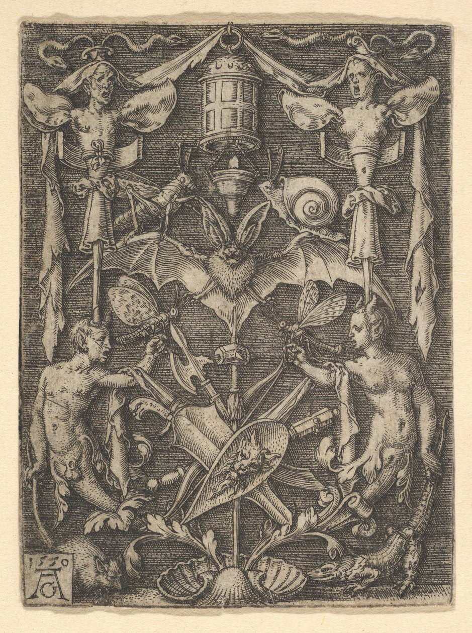 Egy kandeláber groteszk terv denevérrel a közepén, 1550. alkotó: Heinrich Aldegrever