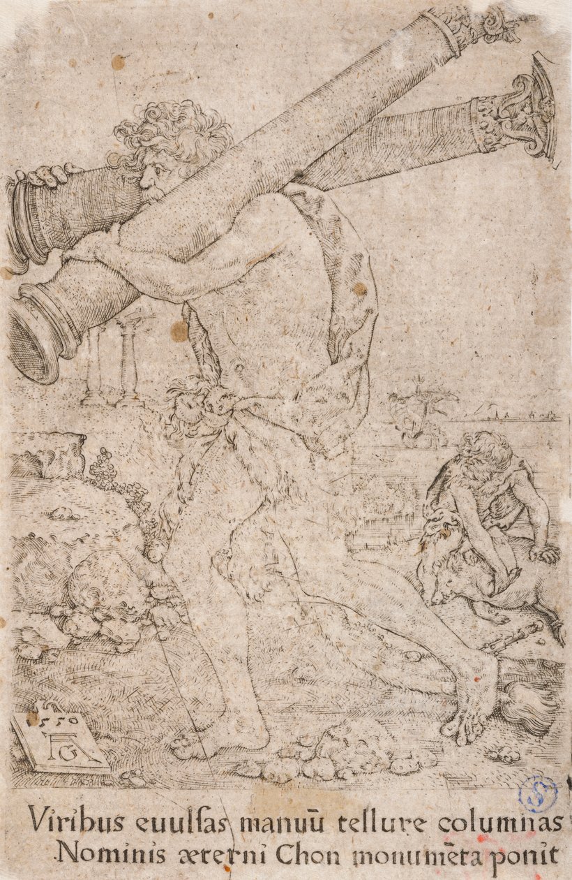 Hercules Carrying the Columns of Gades, a sorozatból:  Herkules fáradozásai (12) alkotó: Heinrich Aldegrever