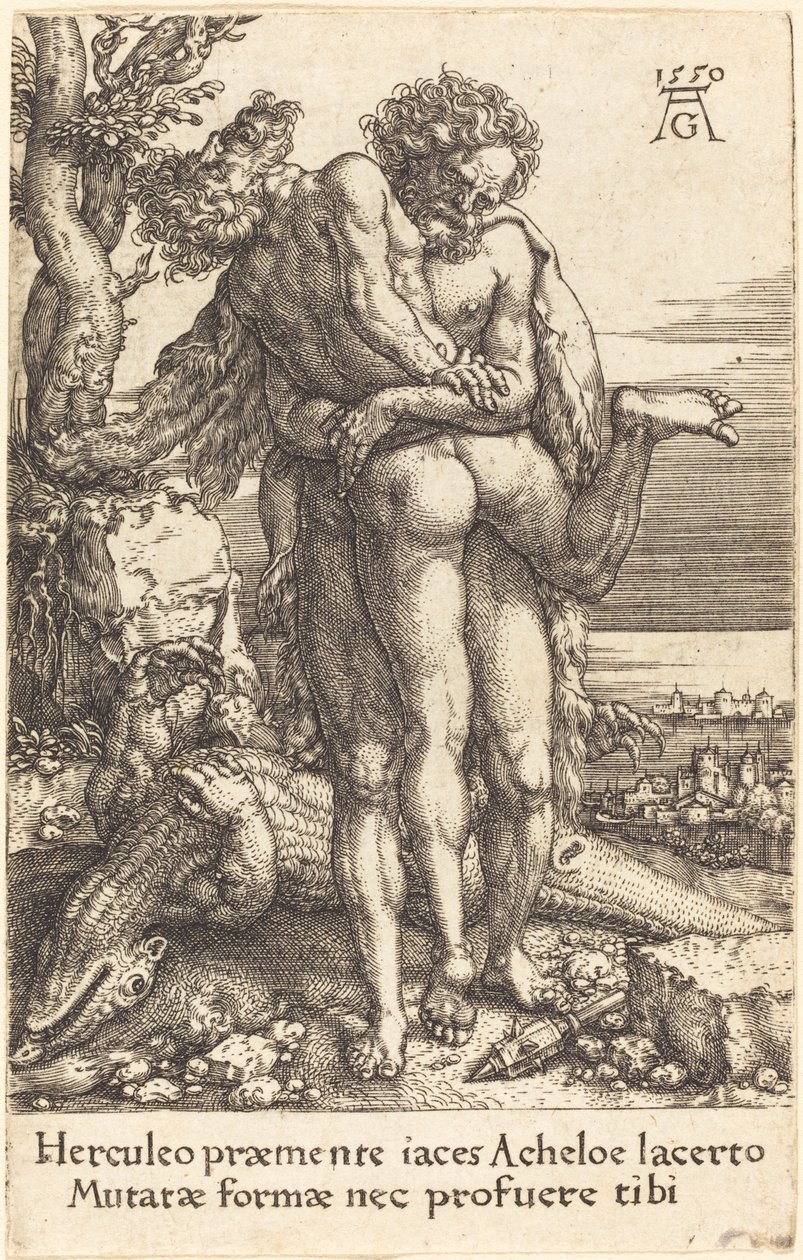 Herkules harcol a folyóval Isten Achelous alkotó: Heinrich Aldegrever