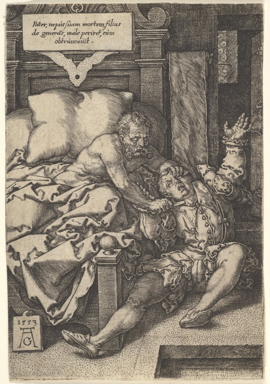 Herkinbald bíró elvágja unokaöccse torkát, 1553. alkotó: Heinrich Aldegrever