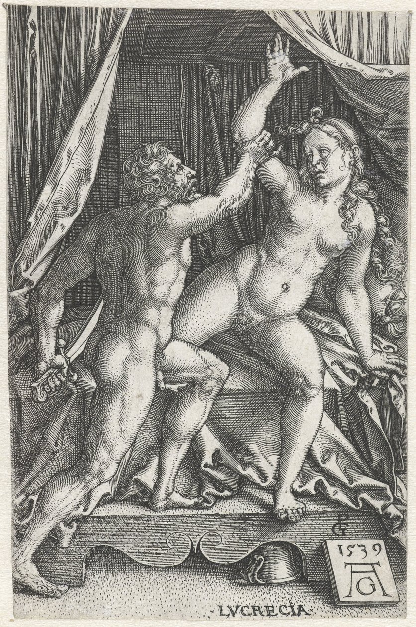 Lucretia en Sextus Tarquinius Lukrécia (cím a tárgyon) alkotó: Heinrich Aldegrever