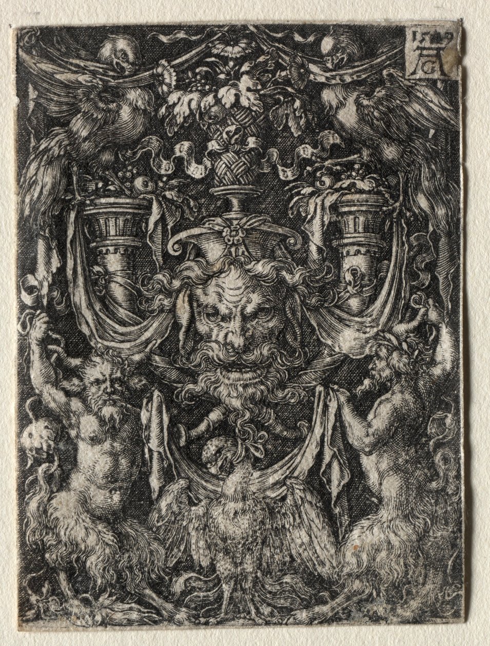 Díszrajz maszkkal és sassal két faun között lent, 1509. alkotó: Heinrich Aldegrever