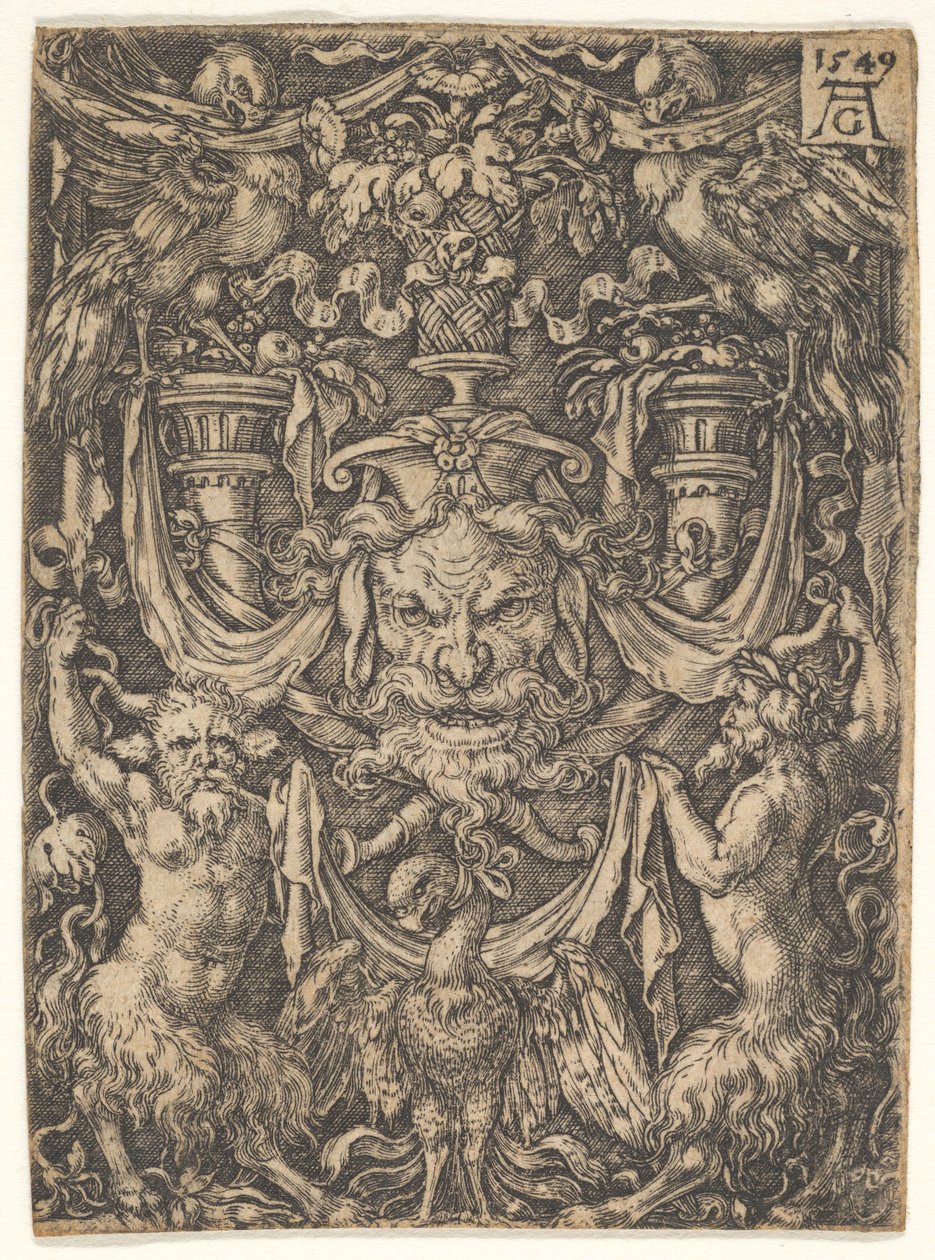Díszrajz maszkkal és sassal két faun között lent, 1549. alkotó: Heinrich Aldegrever