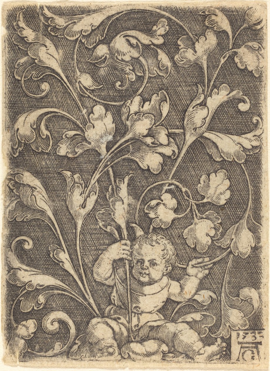 Tekercses dísz ülő gyermekkel, 1532. alkotó: Heinrich Aldegrever