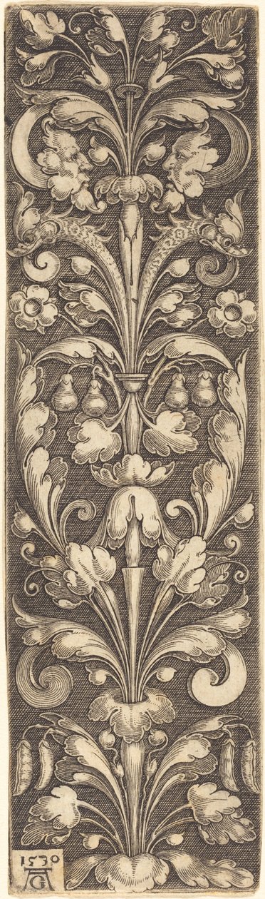Díszlevelű szálka két maszkkal és két delfinnel, 1530. alkotó: Heinrich Aldegrever