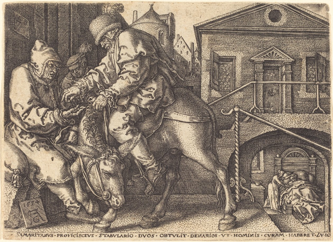 Az irgalmas szamaritánus, aki az utazó szállásáért fizet, 1554. alkotó: Heinrich Aldegrever